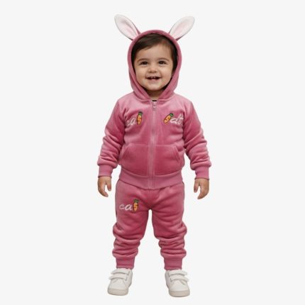 Pink Bunny Ear Hooded Kids Velvet Tracksuit Set