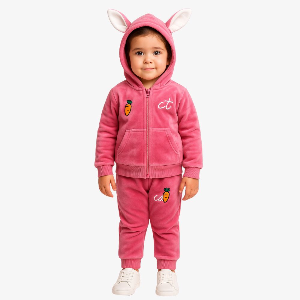 Untitled (1000 x 1000 px) (6) Pink Bunny Ear Hooded Kids Velvet Tracksuit Set - Image 1